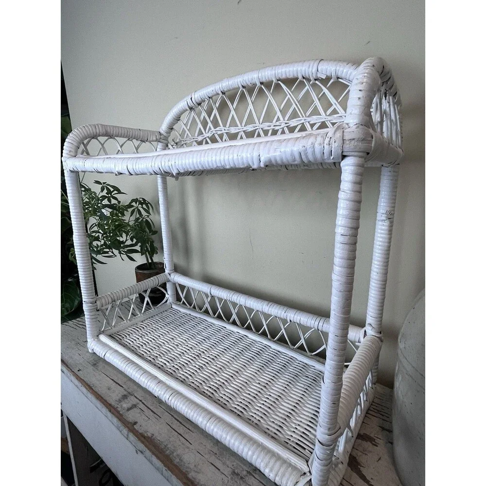 Vintage White Woven Wicker Two Tiered French Style Shelf 18”x18” Retro Boho